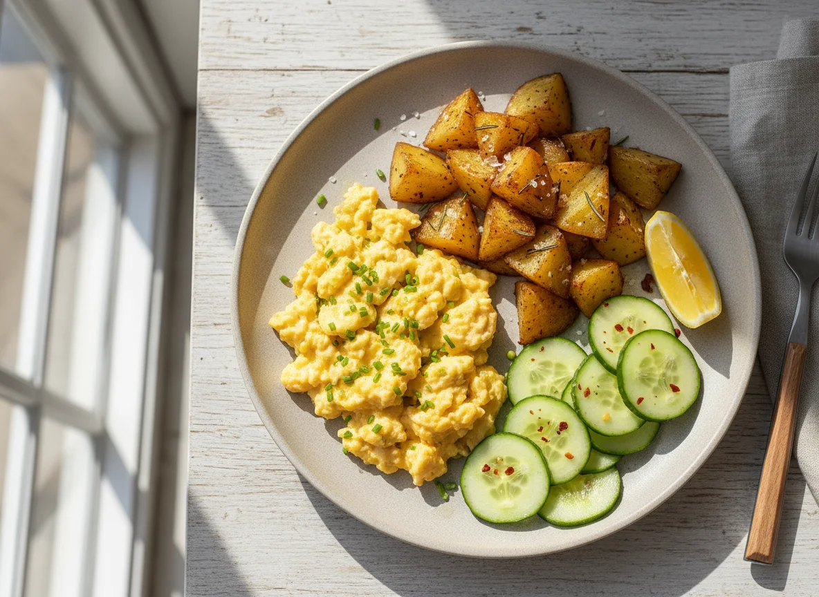 Scrambled Eggs and Potatoes with Cucumber photo