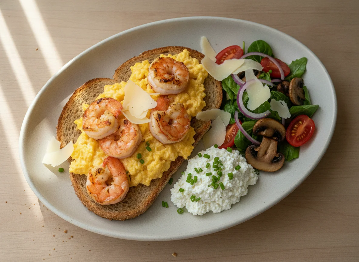 Scrambled eggs and prawns on toast with cottage cheese and side salad photo