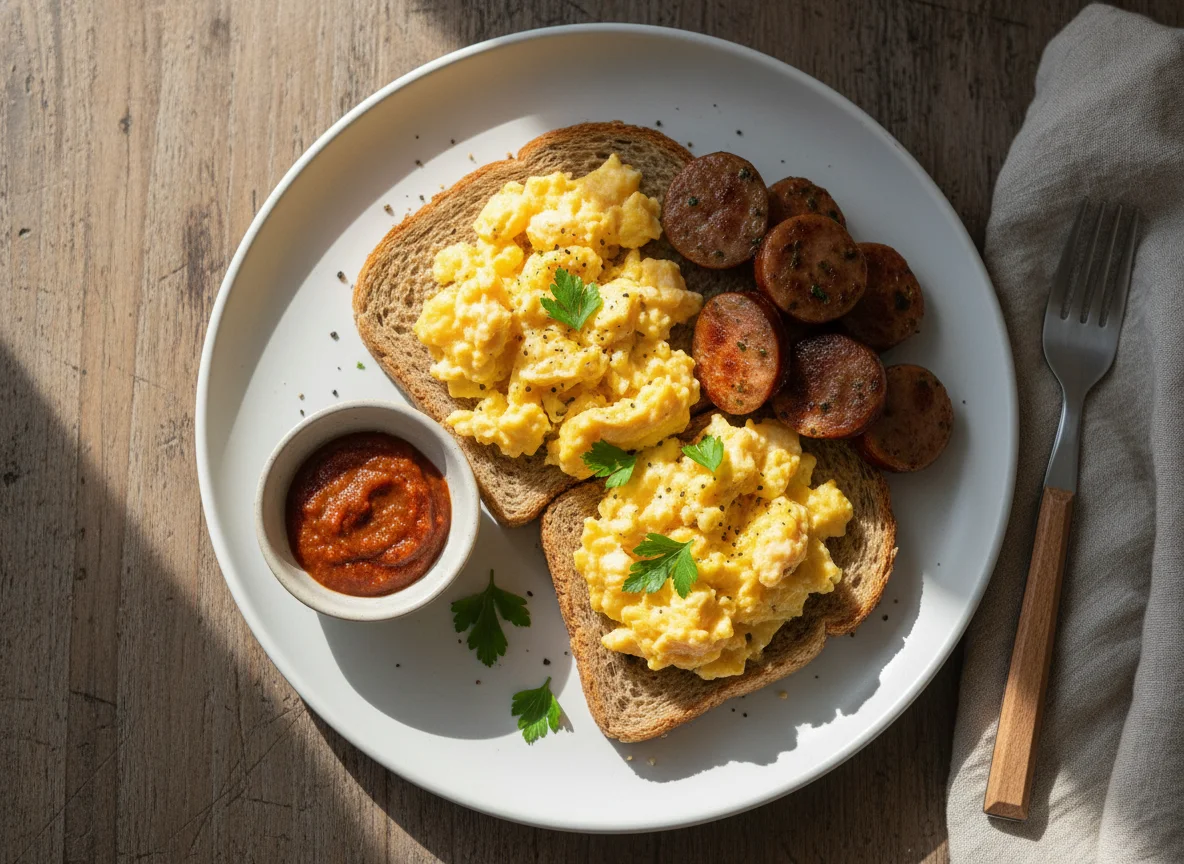 Scrambled Eggs and Sausage on Toast photo