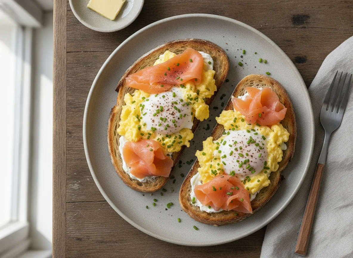 Scrambled eggs and smoked salmon on sourdough toast photo