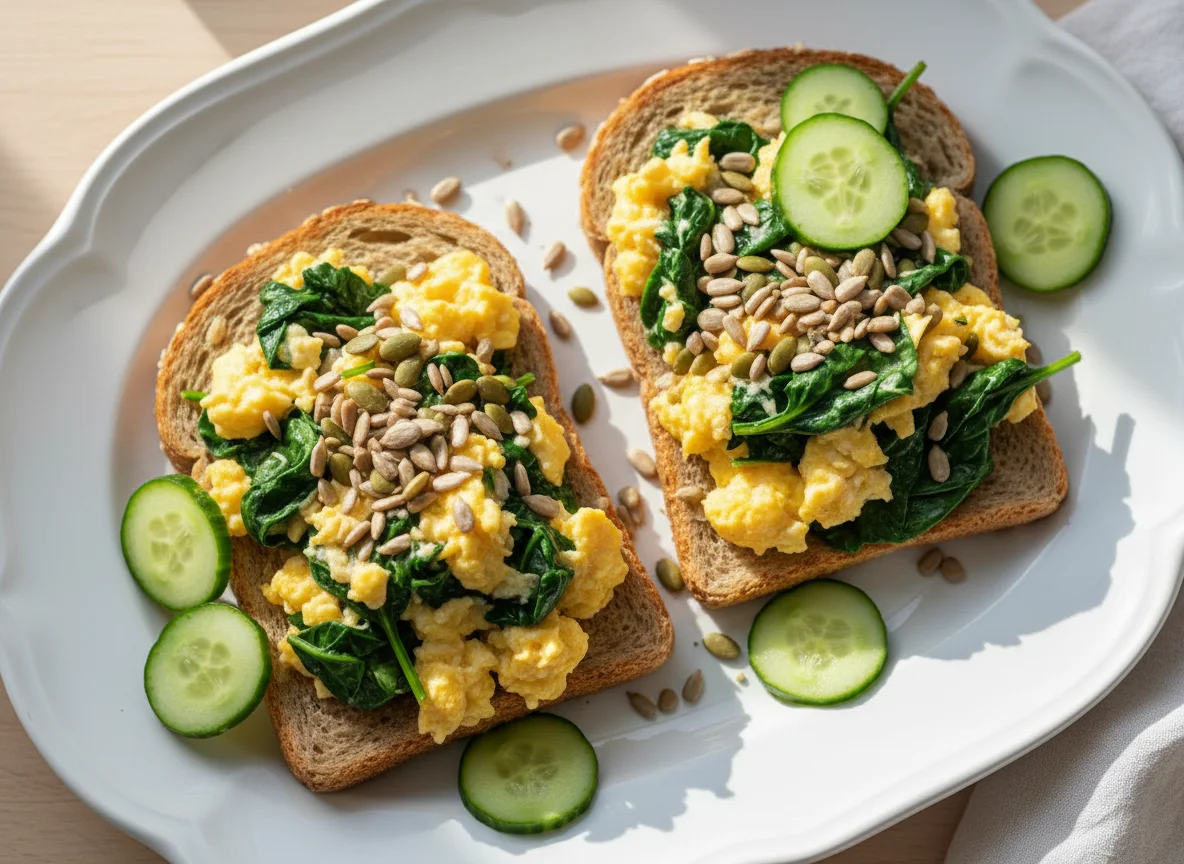 Scrambled Eggs and Spinach Toast with Seeds and Cucumber photo