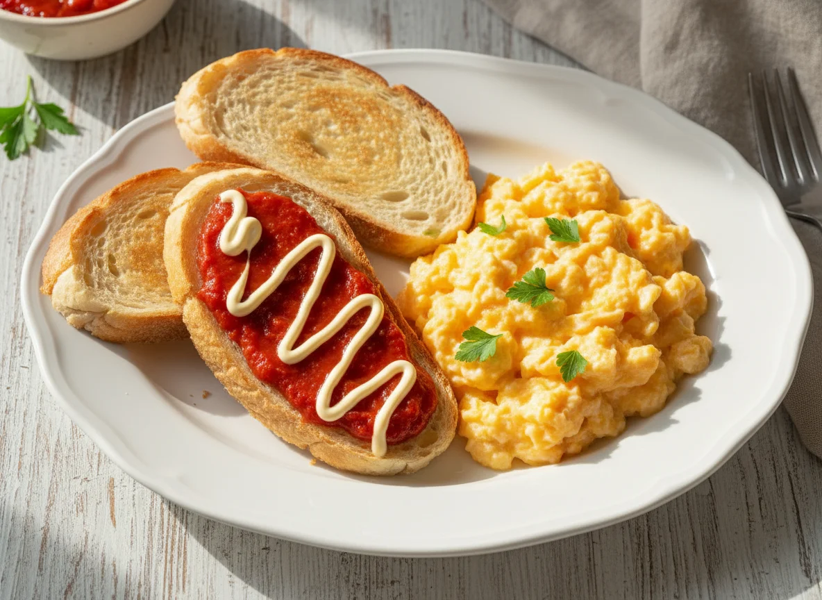 Scrambled Eggs and Toast with Sauce photo