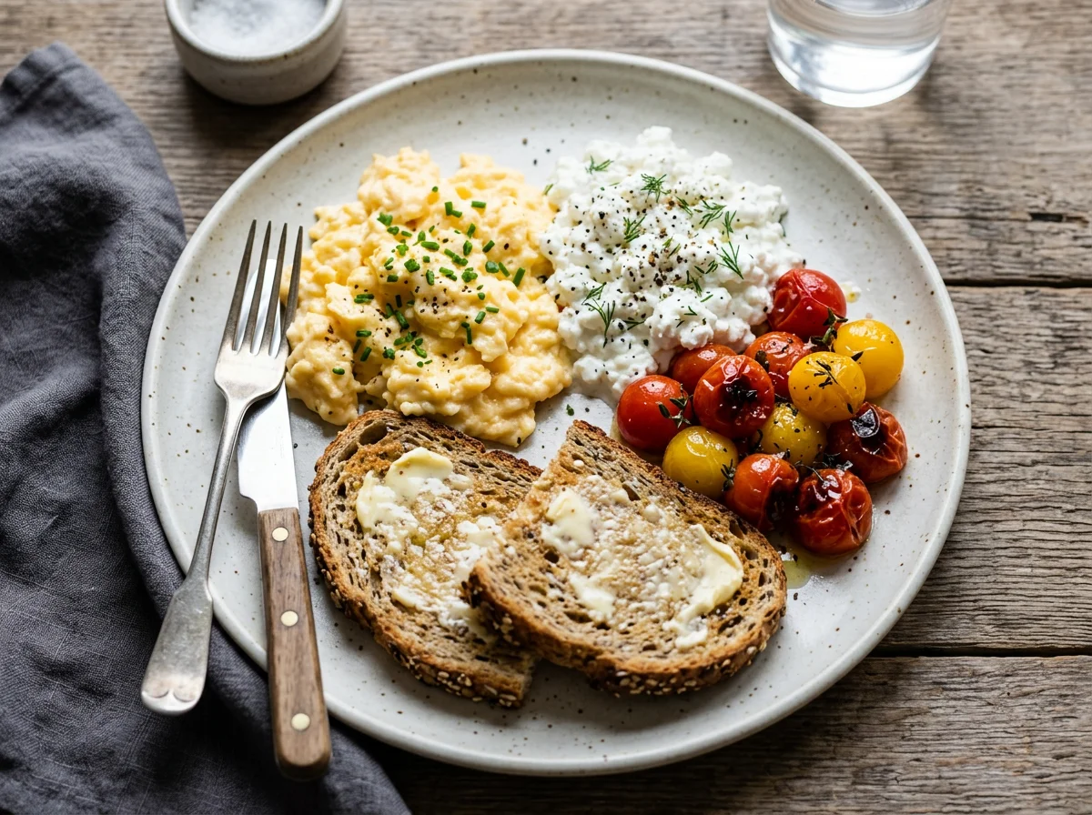 Scrambled Eggs, Cottage Cheese, Tomatoes and Toast photo