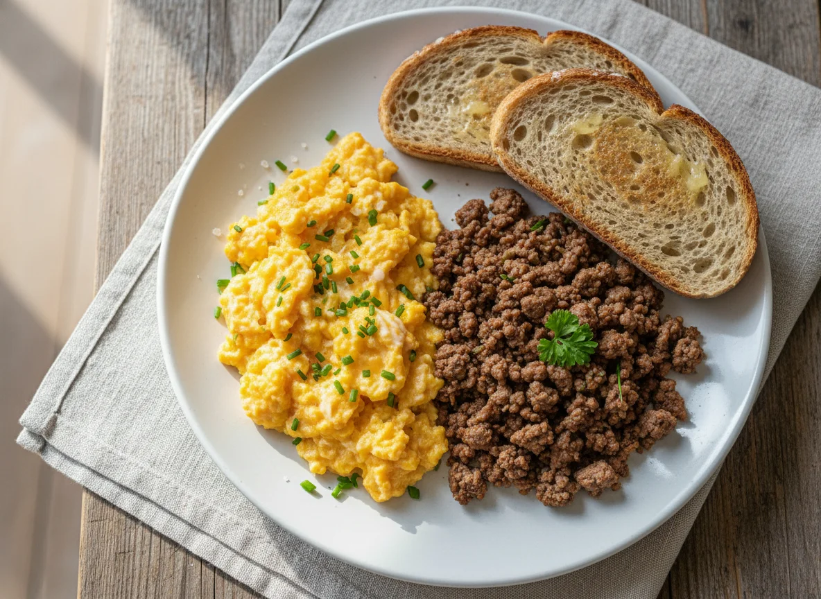 Scrambled Eggs, Ground Meat and Toast photo