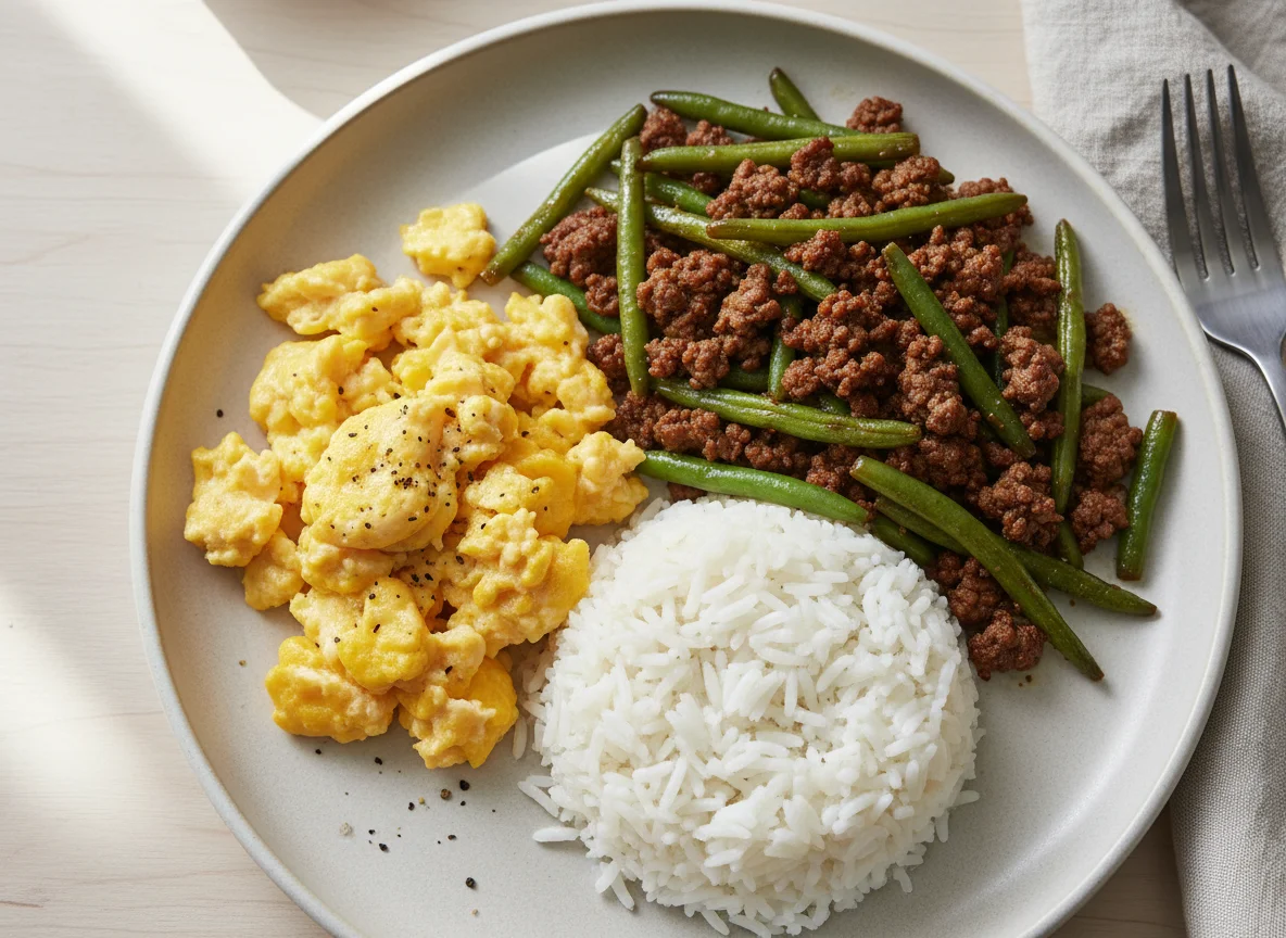 Scrambled Eggs, Ground Meat with Green Beans, and White Rice photo