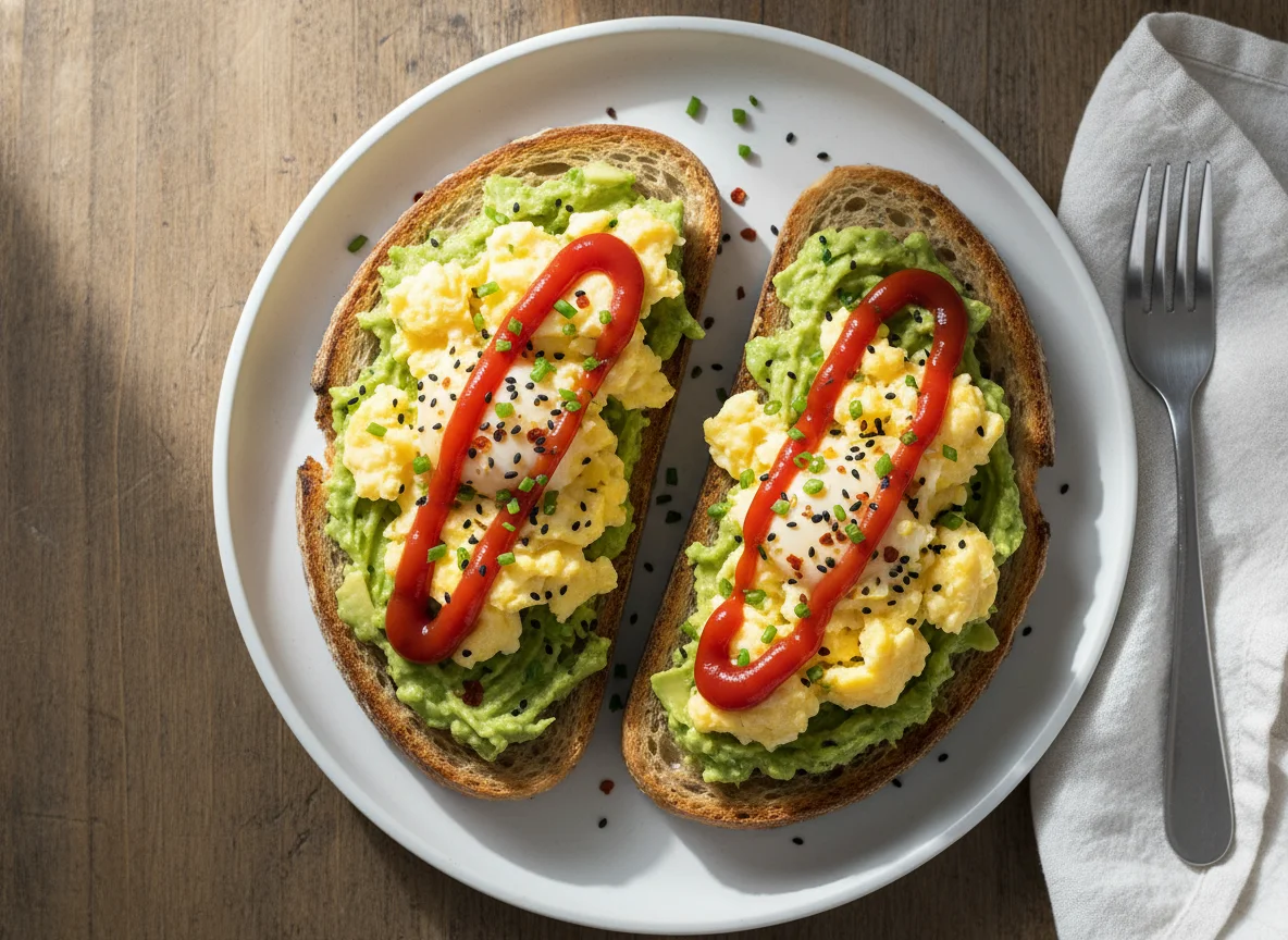 Scrambled eggs on avocado toast with ketchup photo