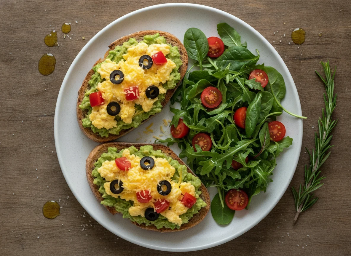 Scrambled Eggs on Avocado Toast with Side Salad photo