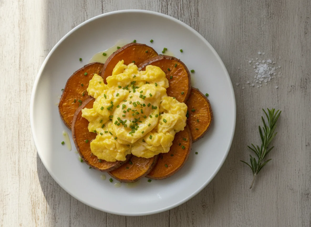 Scrambled eggs on baked sweet potato photo