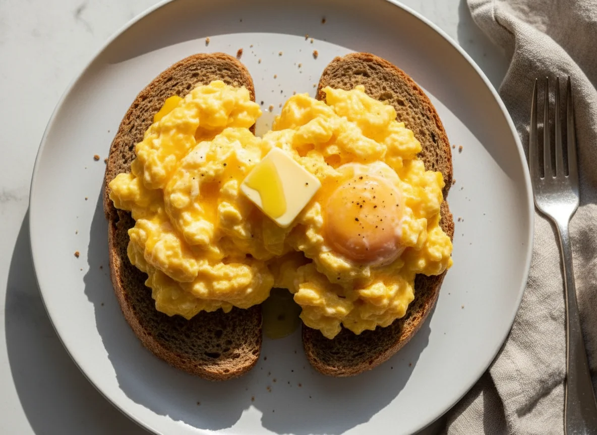Scrambled eggs on brown soda bread photo