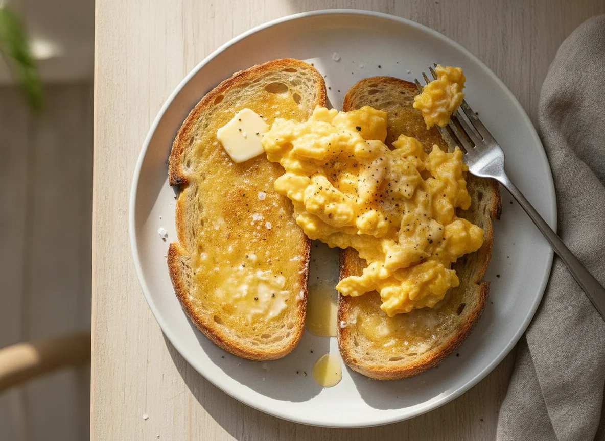 Scrambled eggs on buttered sourdough toast photo