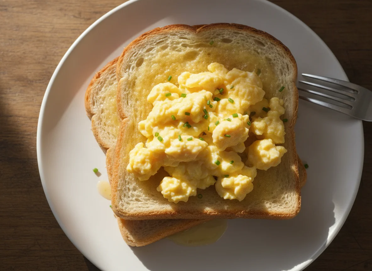 Scrambled eggs on buttered toast photo