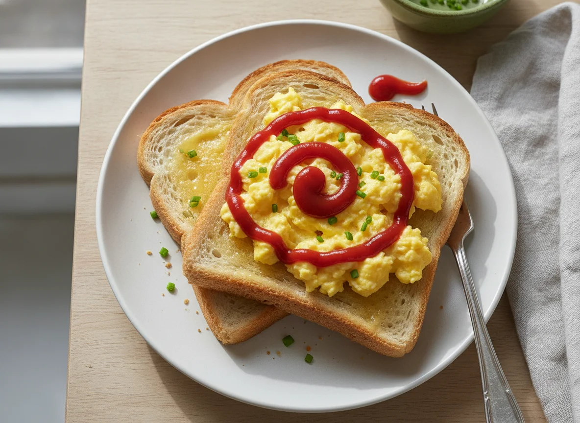 Scrambled eggs on buttered toast with ketchup photo