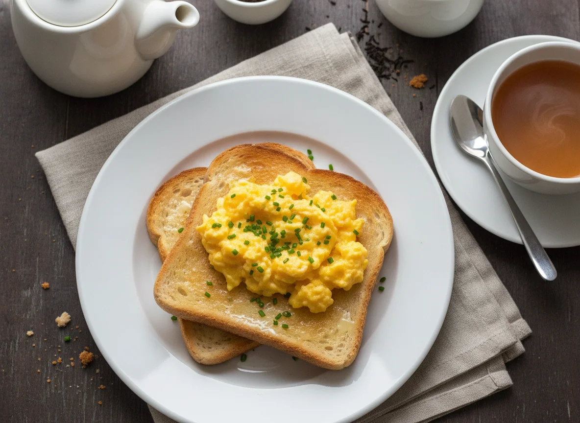 Scrambled eggs on buttered toast with tea photo