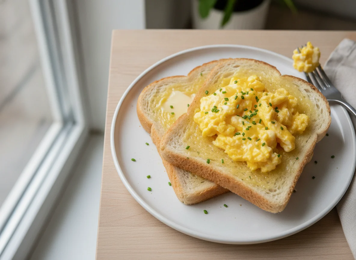 Scrambled eggs on buttered white toast photo