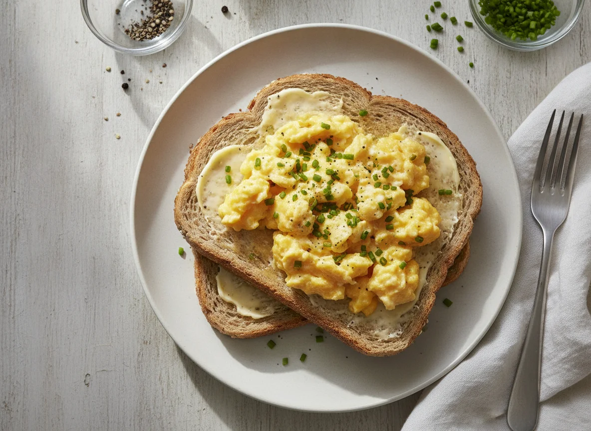 Scrambled eggs on buttered wholemeal toast photo