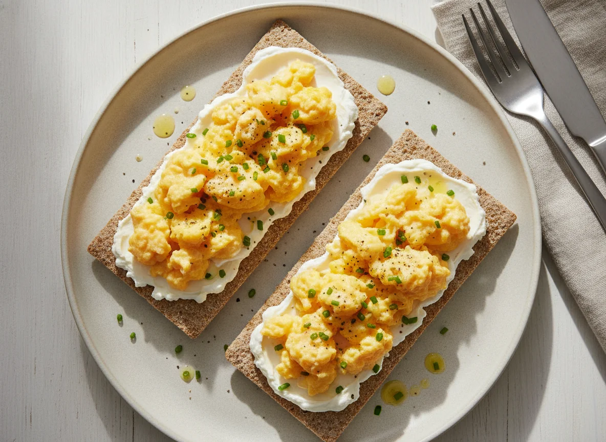 Scrambled eggs on crispbread with cream cheese photo