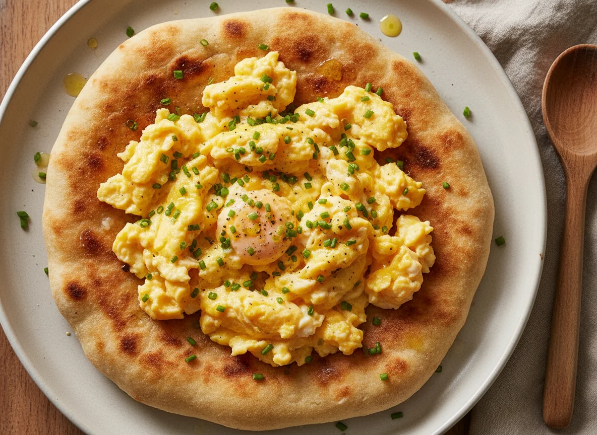 Scrambled eggs on flatbread photo
