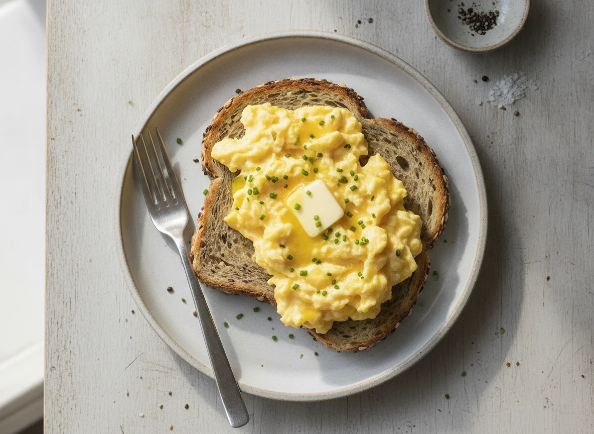 Scrambled eggs on seeded toast photo