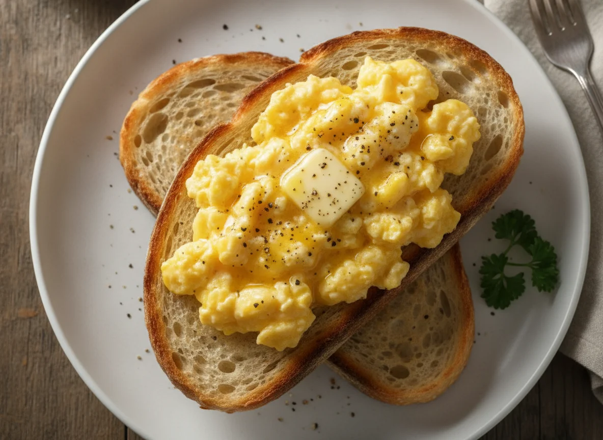 Scrambled eggs on sourdough toast photo