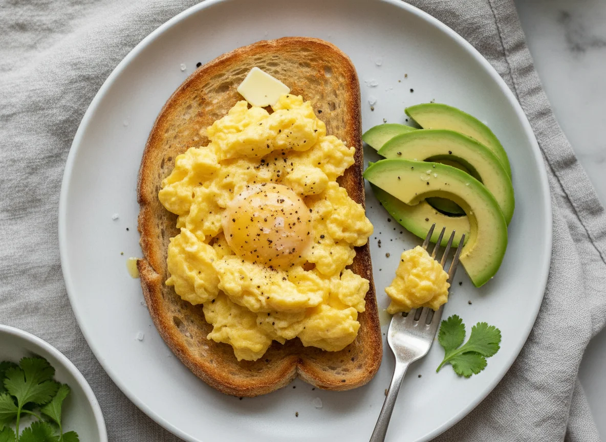 Scrambled eggs on sourdough toast with avocado photo