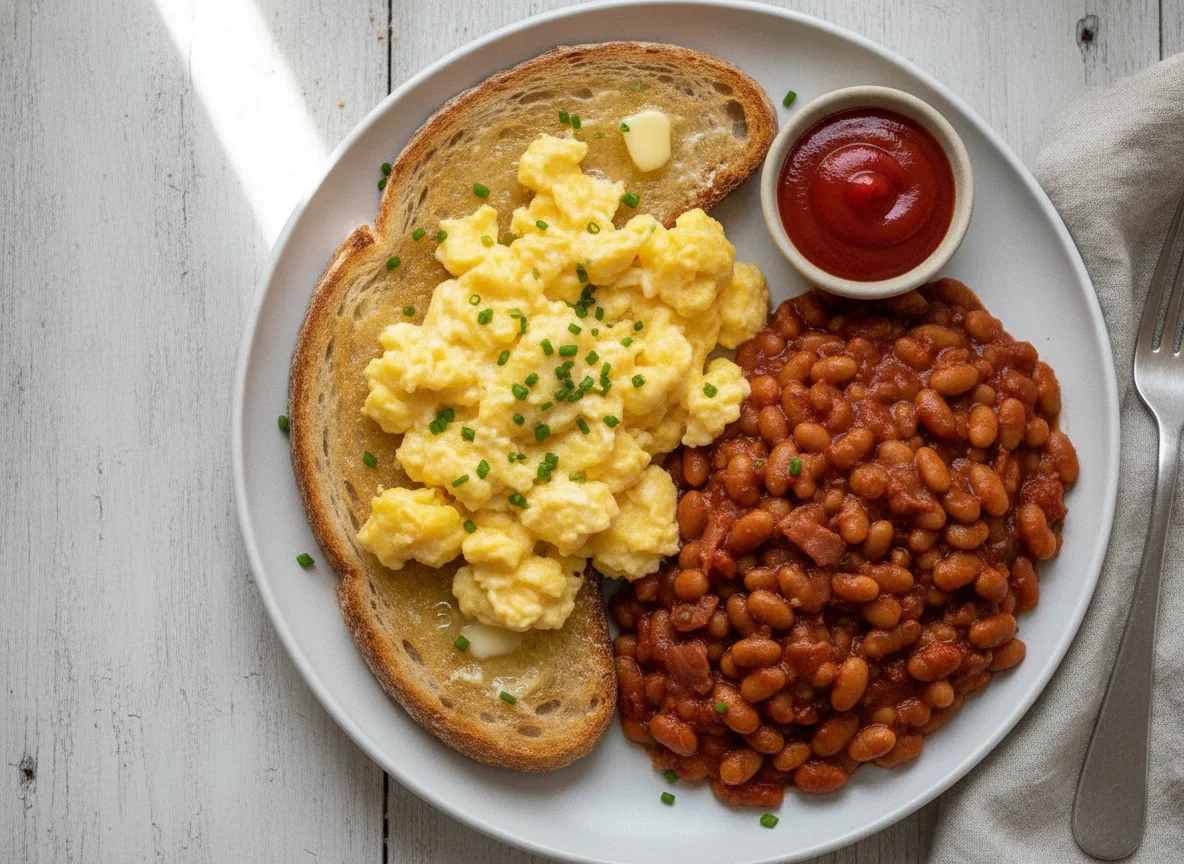 Scrambled eggs on sourdough toast with baked beans photo