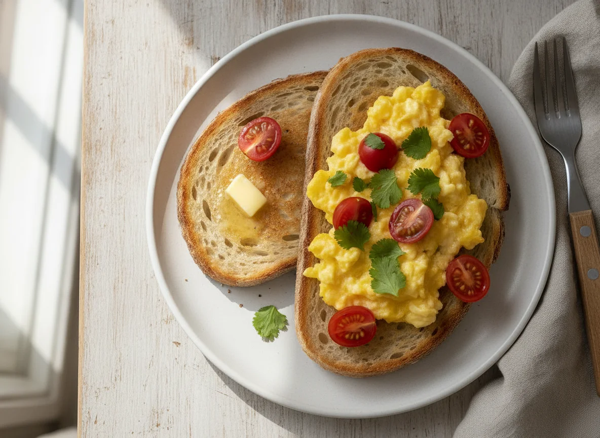 Scrambled eggs on sourdough toast with cherry tomatoes photo