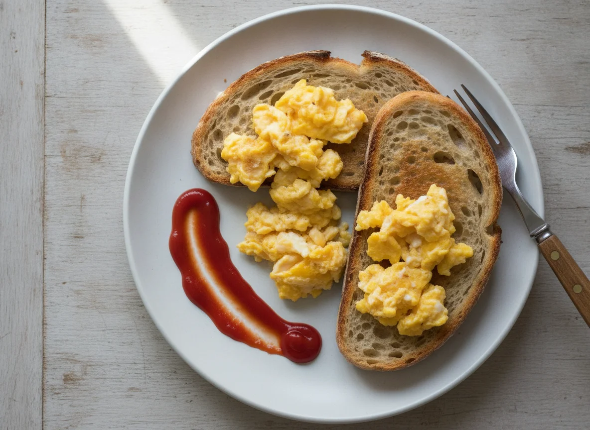 Scrambled eggs on sourdough toast with ketchup photo