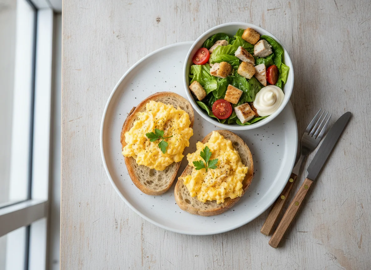 Scrambled eggs on sourdough with side salad photo