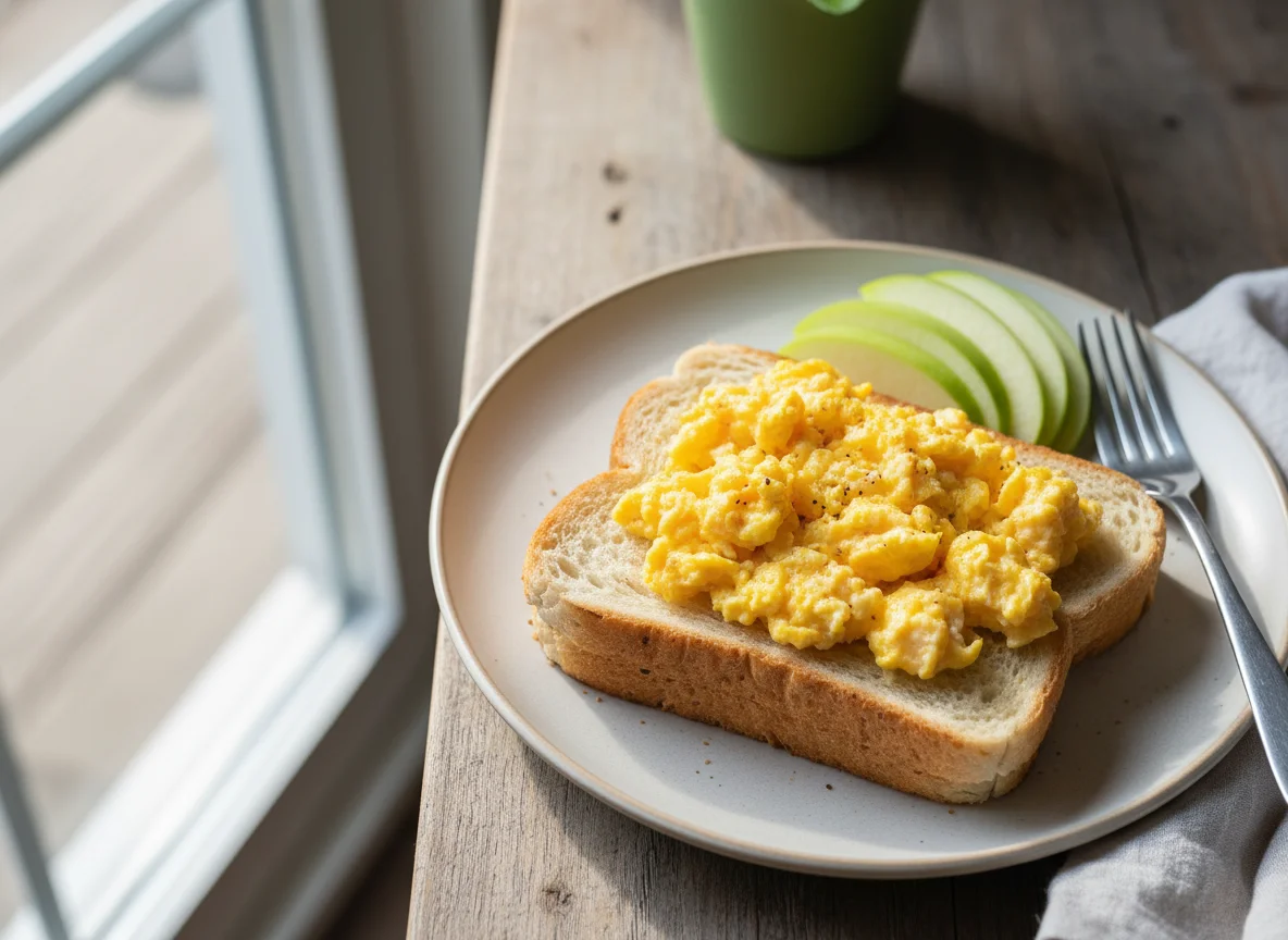 Scrambled Eggs on Toast with Apple Slices photo