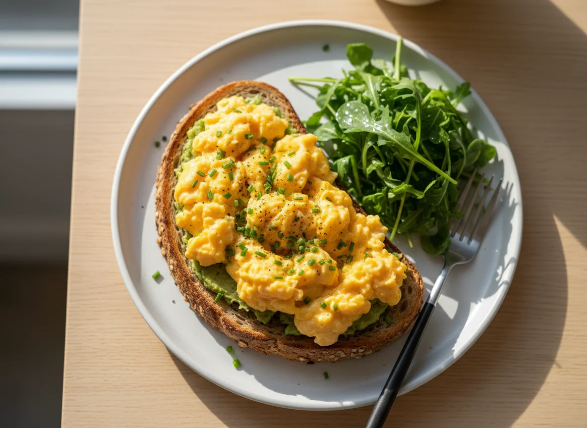 Scrambled Eggs on Toast with Arugula photo