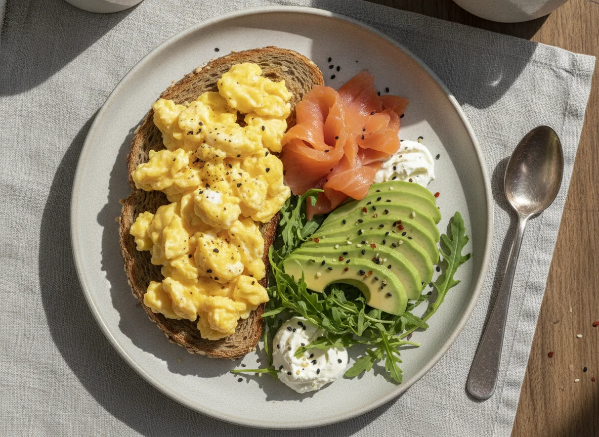 Scrambled eggs on toast with avocado and salmon photo
