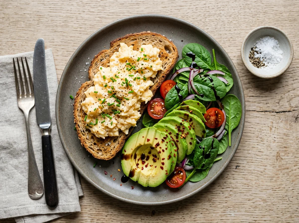 Scrambled Eggs on Toast with Avocado and Spinach Salad photo