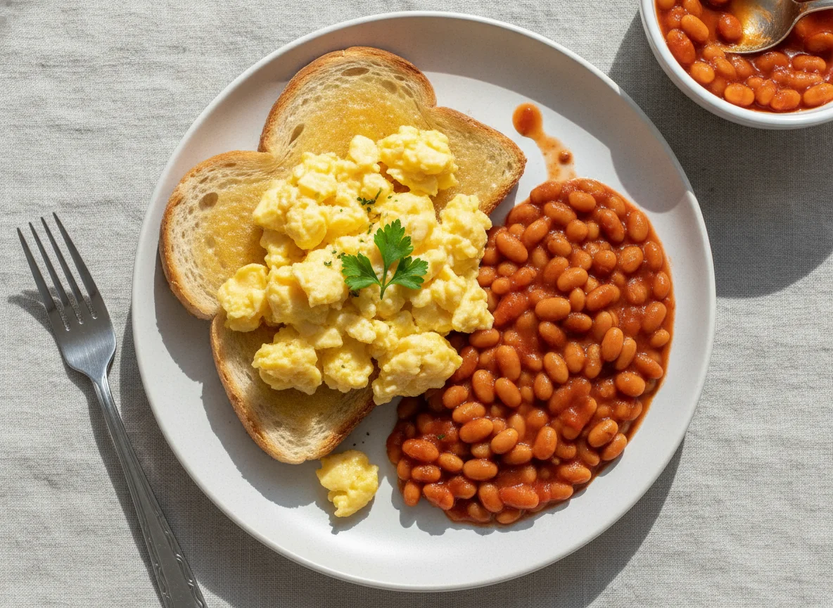 Scrambled Eggs on Toast with Baked Beans photo