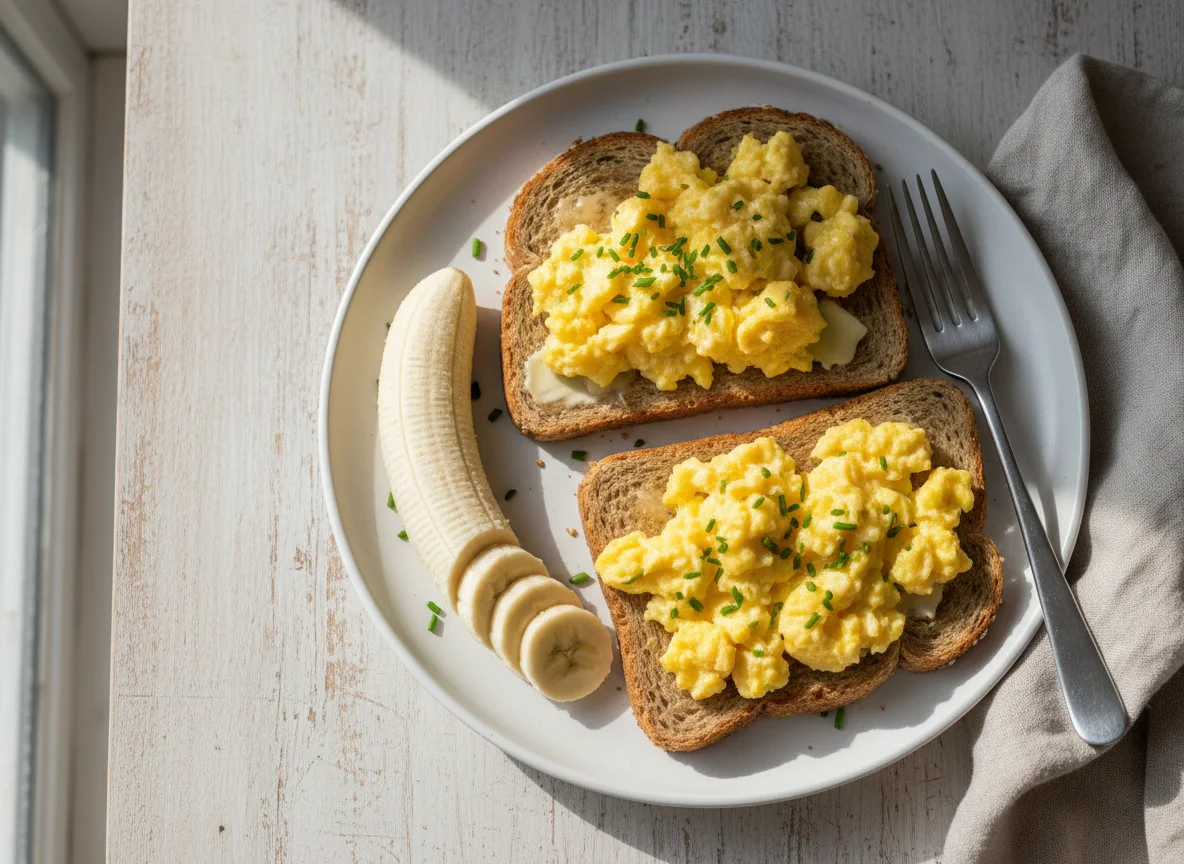 Scrambled Eggs on Toast with Banana photo