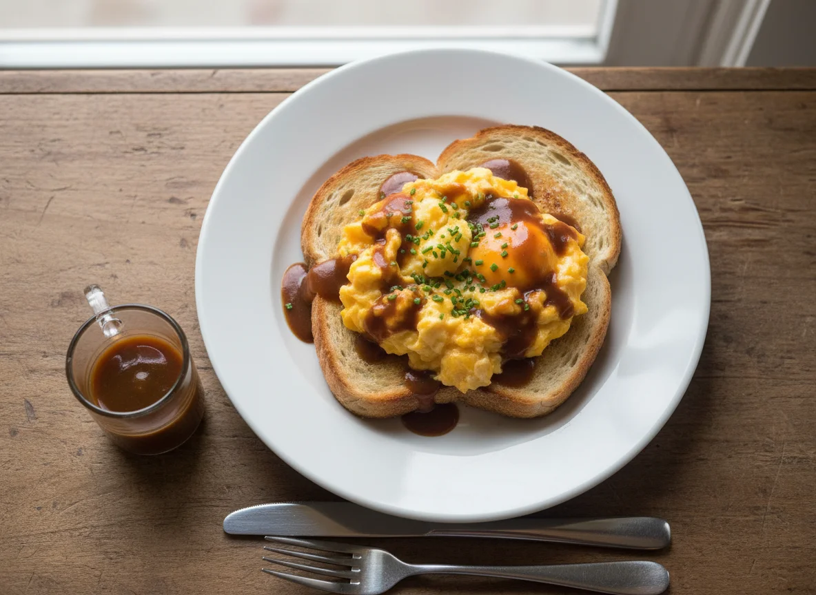 Scrambled Eggs on Toast with Brown Sauce photo