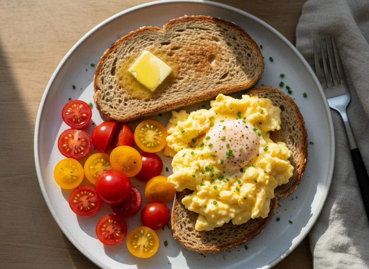 Scrambled Eggs on Toast with Cherry Tomatoes and Butter photo
