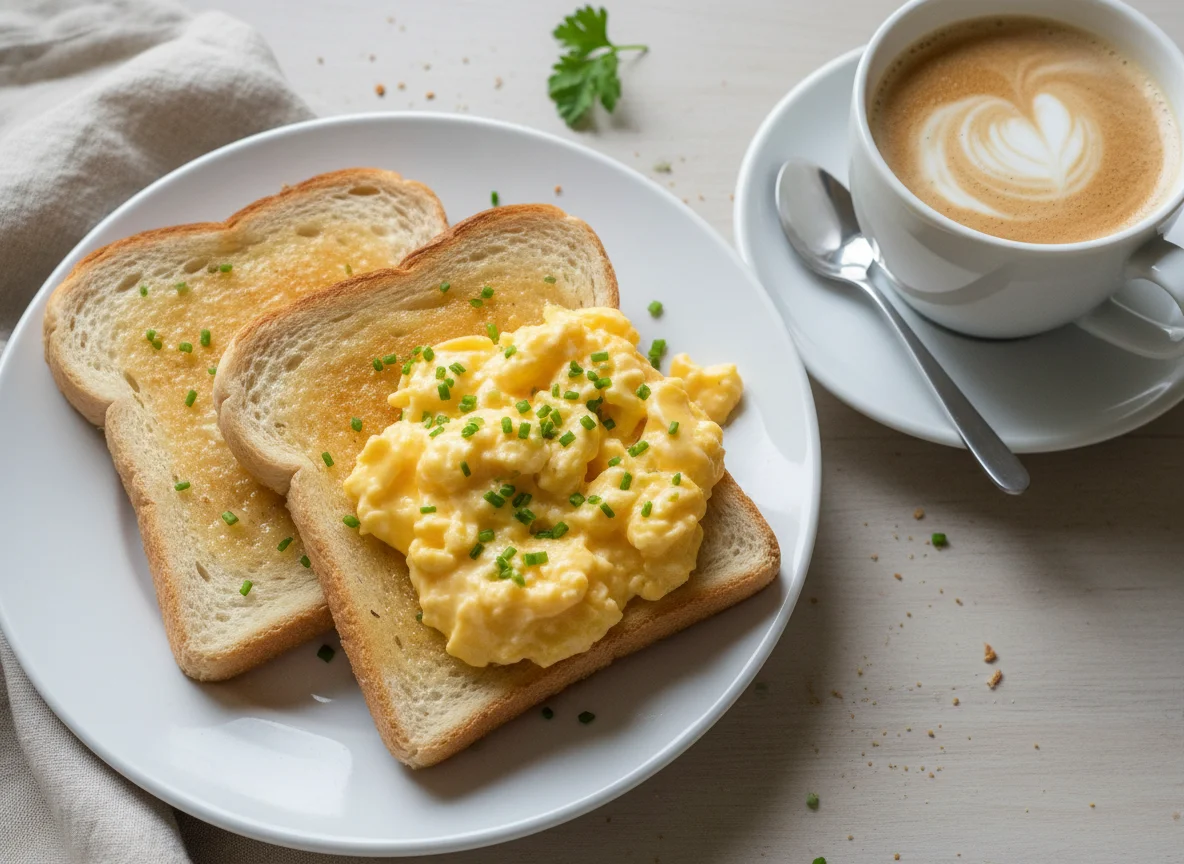 Scrambled Eggs on Toast with Coffee photo