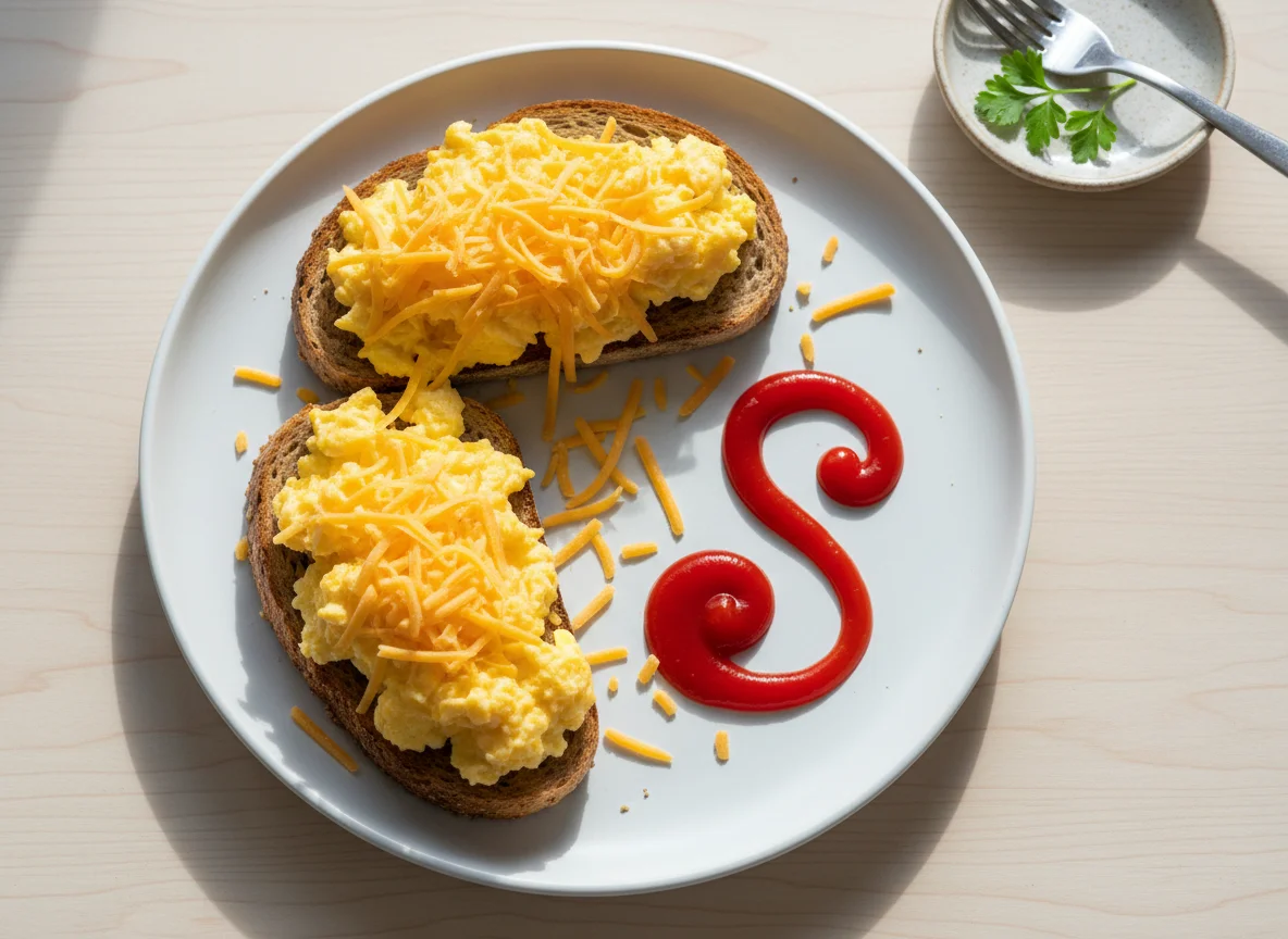 Scrambled Eggs on Toast with Ketchup photo