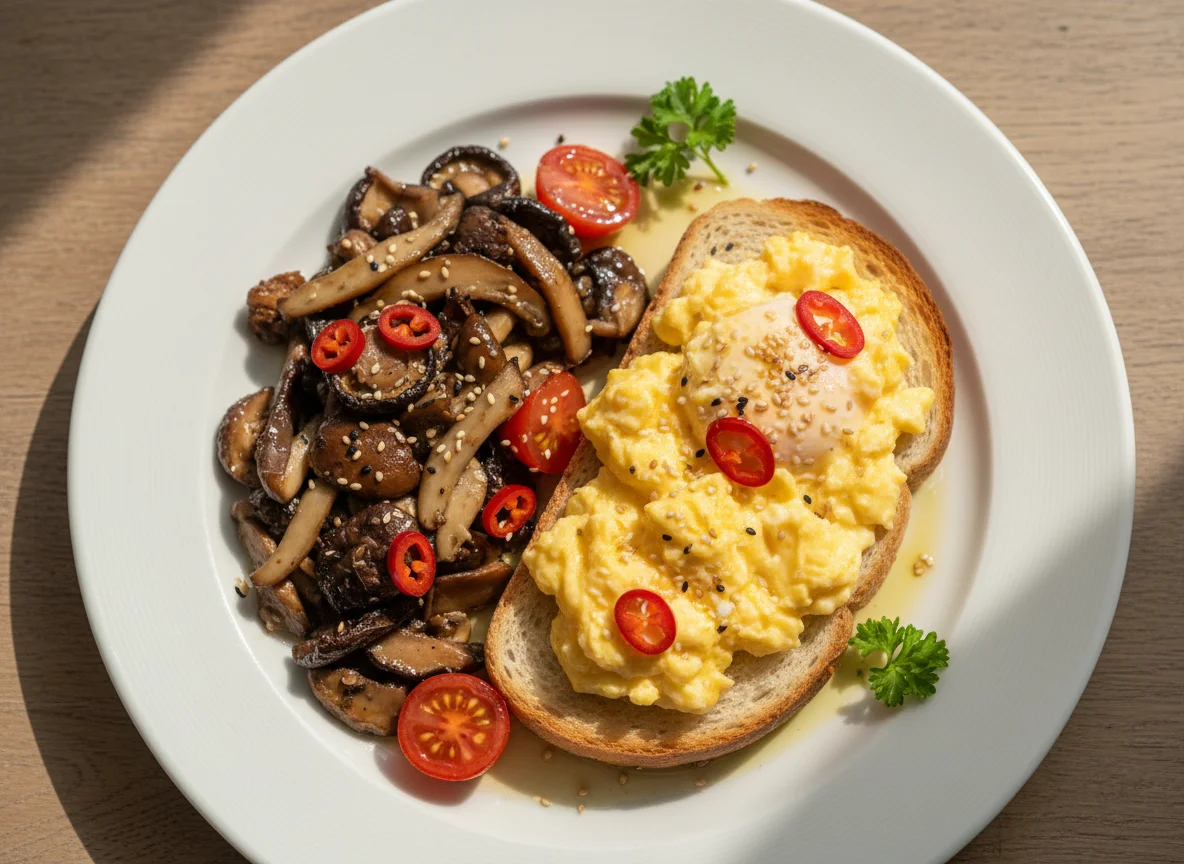 Scrambled Eggs on Toast with Mushrooms and Tomatoes photo