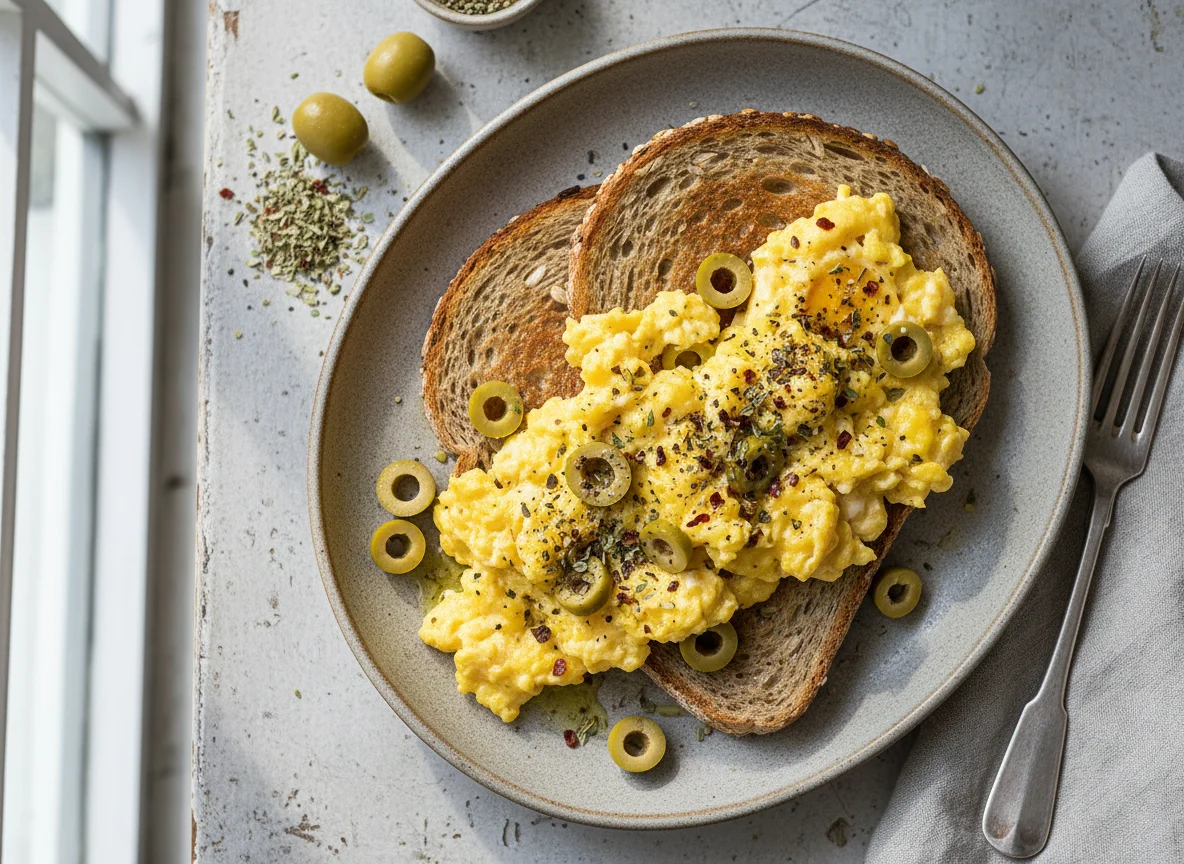 Scrambled Eggs on Toast with Olives photo