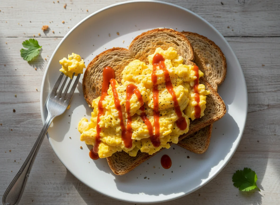 Scrambled Eggs on Toast with Sauce photo