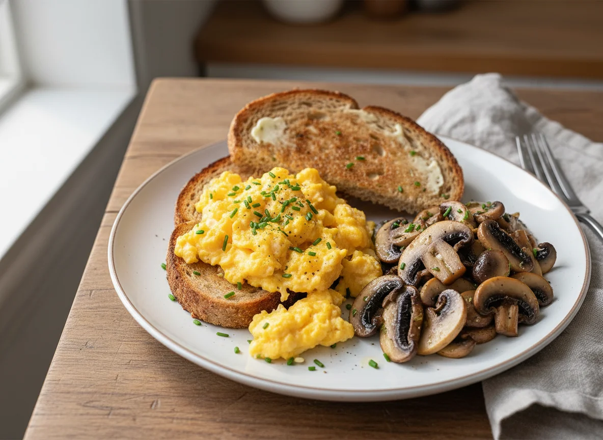 Scrambled Eggs on Toast with Sautéed Mushrooms photo