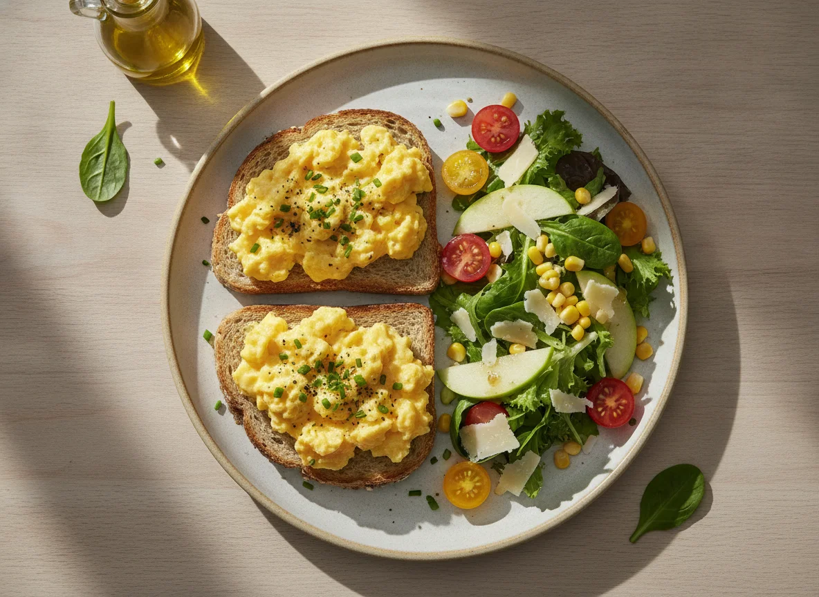Scrambled eggs on toast with side salad photo
