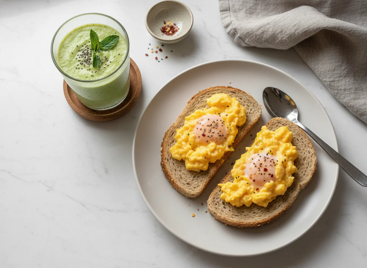 Scrambled Eggs on Toast with Smoothie photo