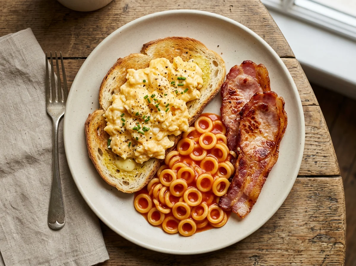 Scrambled eggs on toast with spaghetti hoops and bacon photo