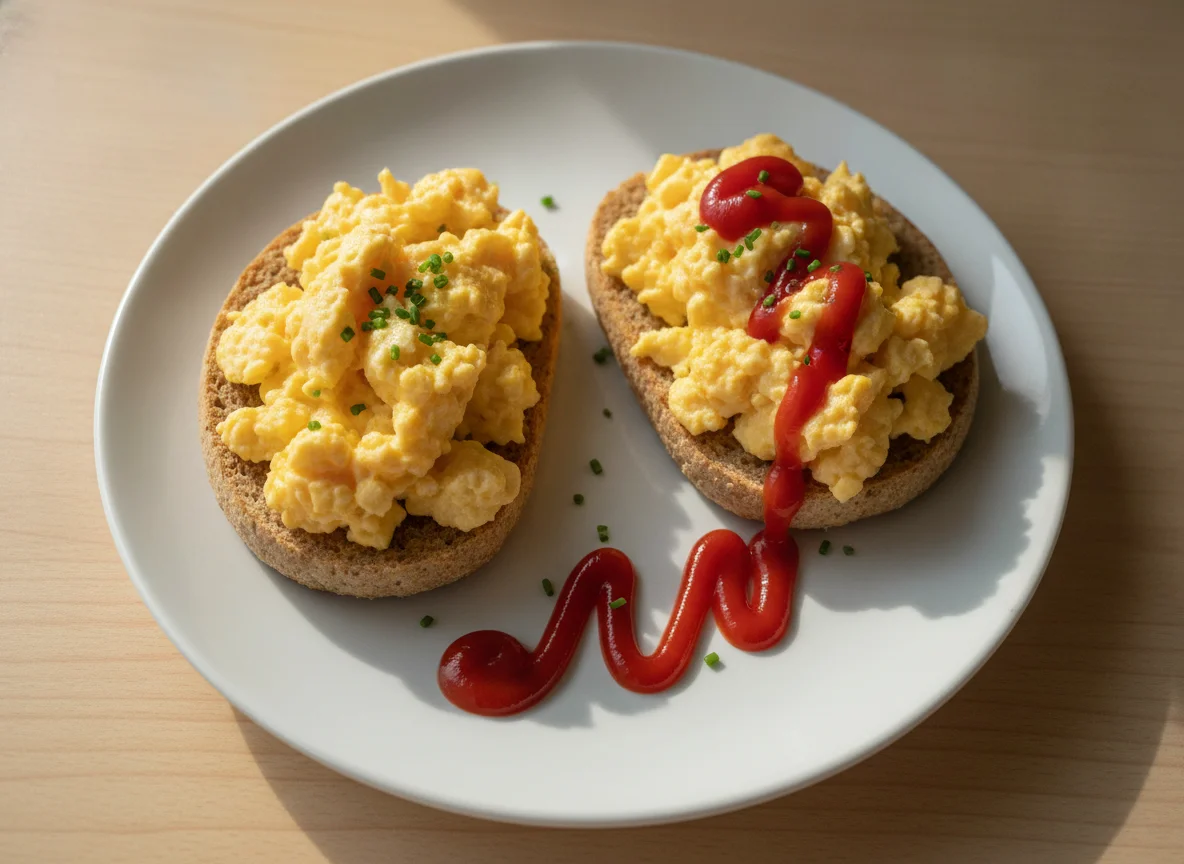 Scrambled eggs on Warburtons brown thins with ketchup photo