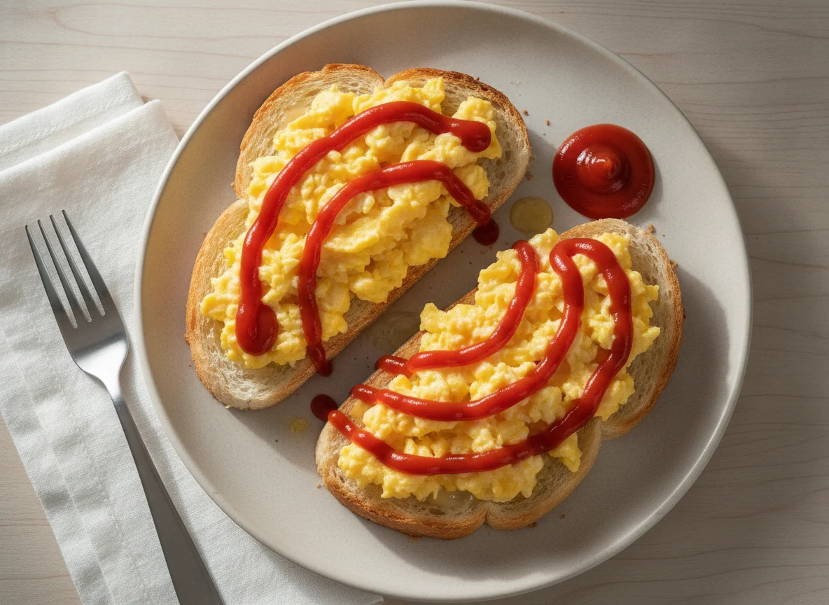 Scrambled eggs on white toast with ketchup photo