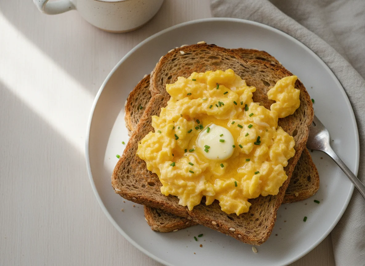 Scrambled eggs on whole grain toast photo