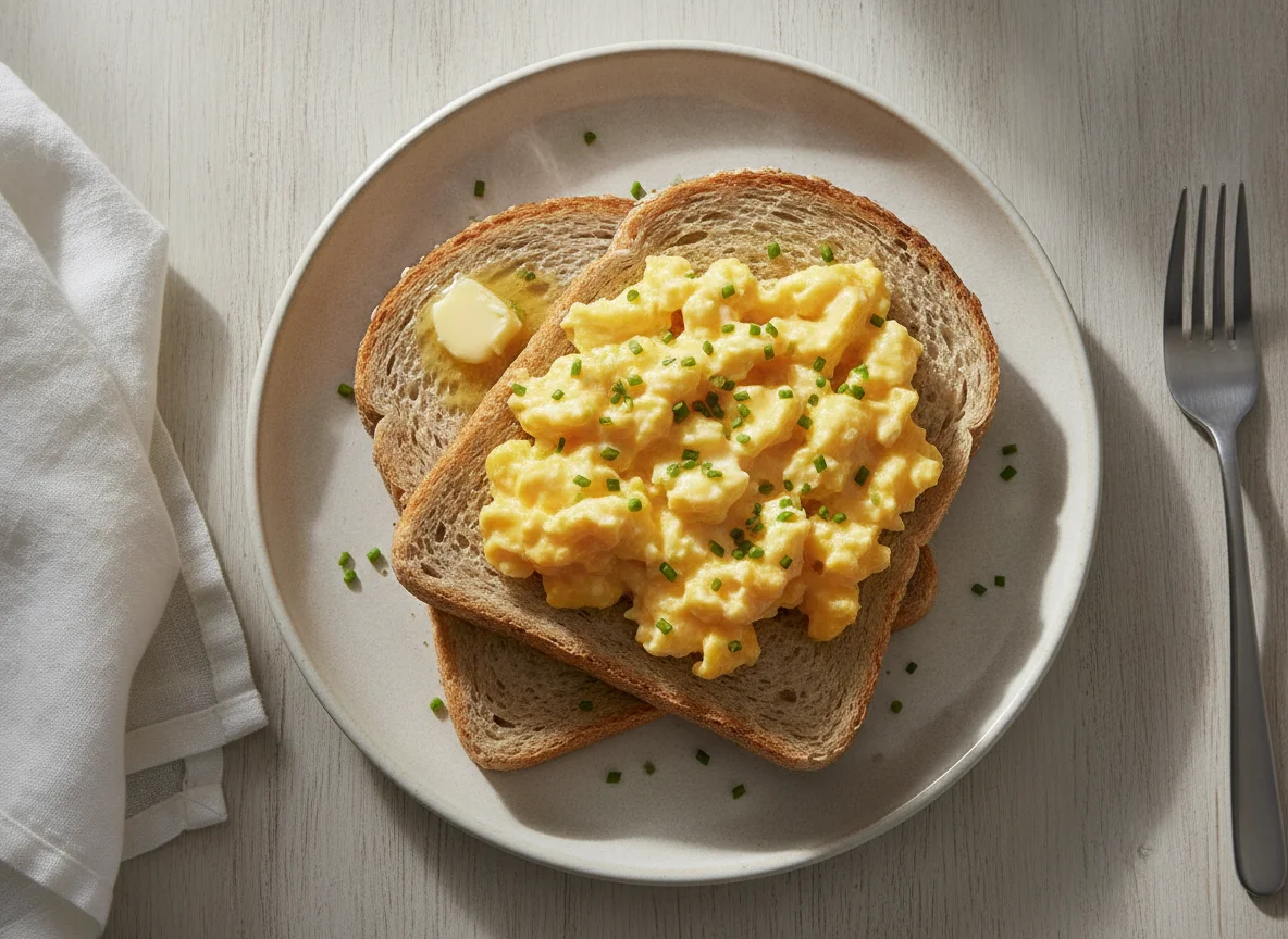 Scrambled eggs on wholemeal toast photo