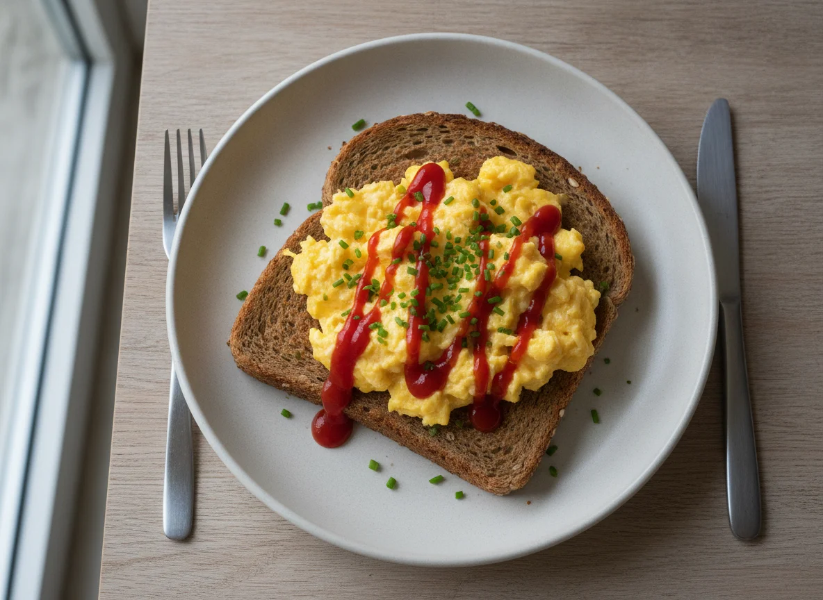 Scrambled eggs on wholemeal toast with ketchup photo